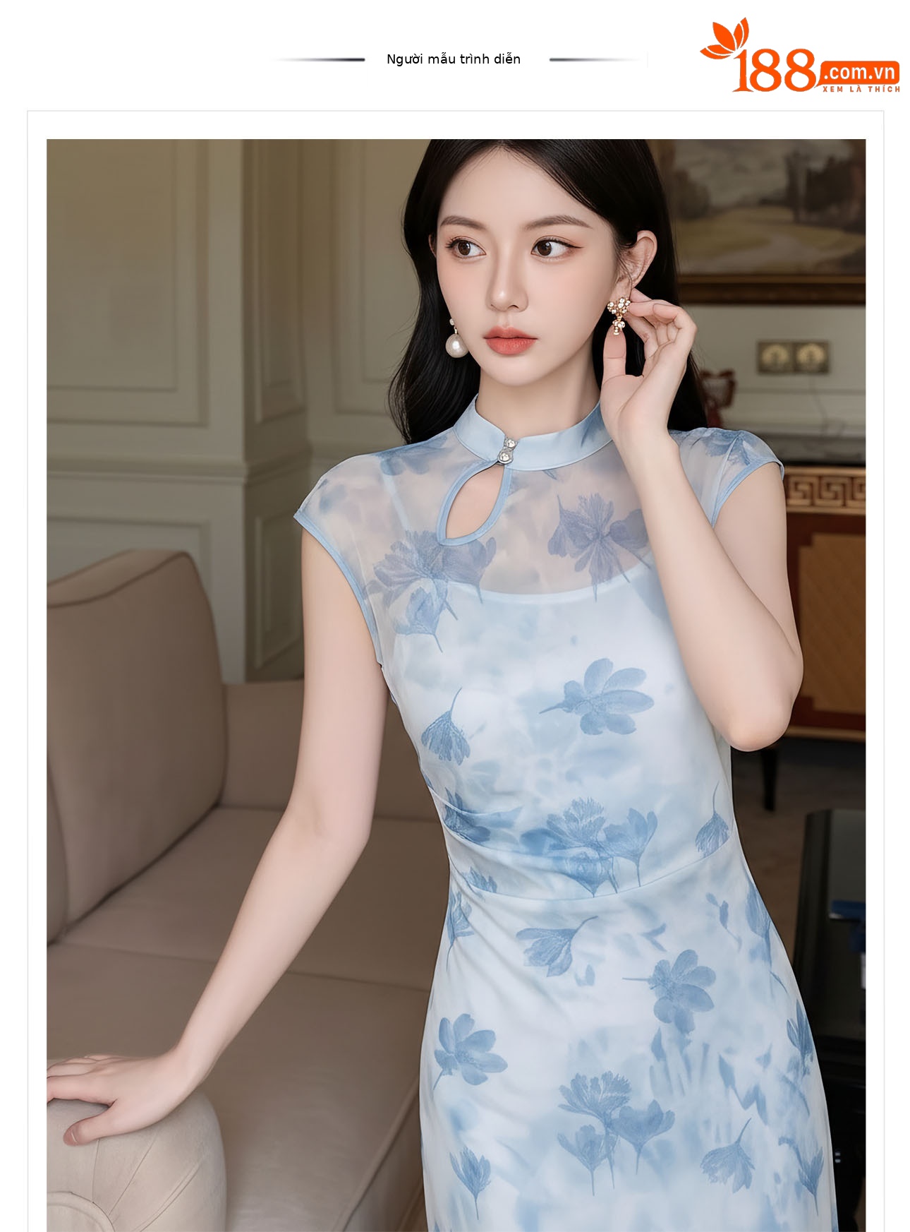 Đầm maxi nữ thắt eo phong cách tân cổ điển, chất liệu nhung tăm, thiết kế cổ yếm kết hợp ren, tay lỡ, dáng suông nhẹ, phù hợp mùa xuân hè — xanh lam chi tiết 1