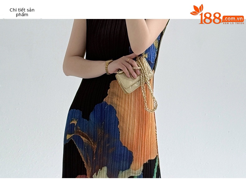 Đầm maxi nữ thắt eo kiểu mới phong cách Trung Hoa hiện đại, họa tiết in hoa cổ điển, chất liệu nhăn nhẹ mùa hè — màu đen chi tiết 3