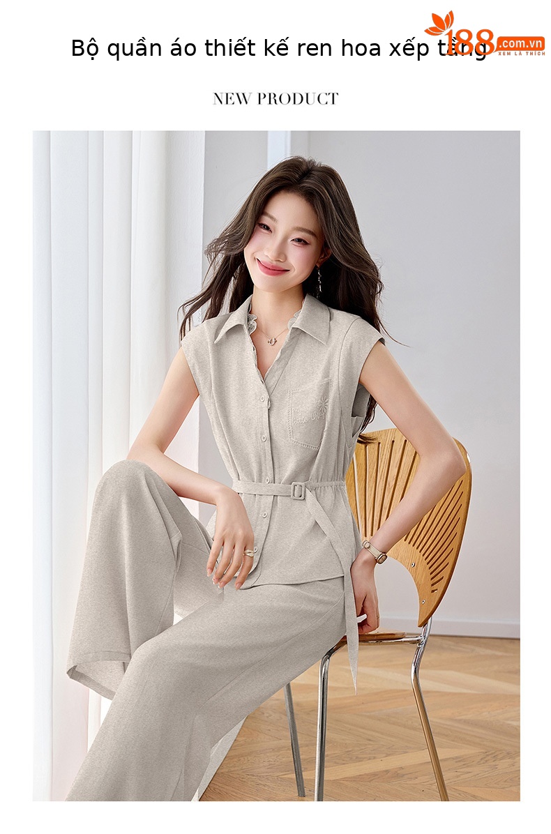 Bộ quần áo nữ mùa hè cao cấp gồm áo sơ mi dây rút và quần ống rộng — Xám gạo, Màu hồng chi tiết 2