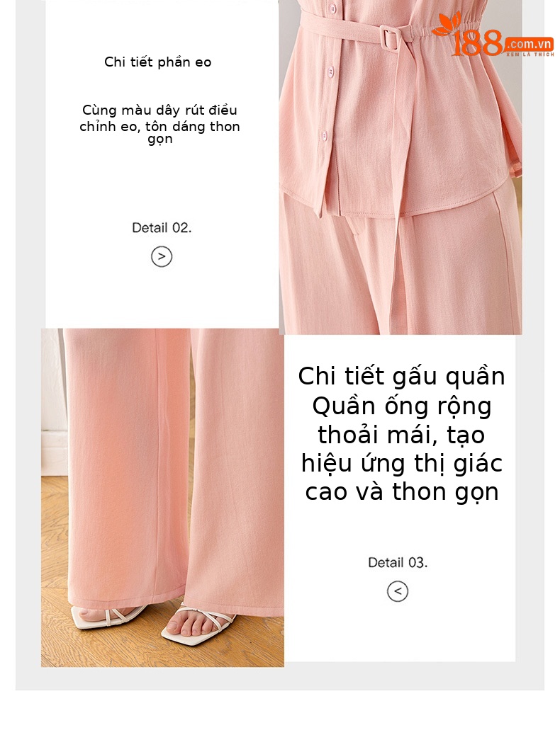 Bộ quần áo nữ mùa hè cao cấp gồm áo sơ mi dây rút và quần ống rộng — Xám gạo, Màu hồng chi tiết 6