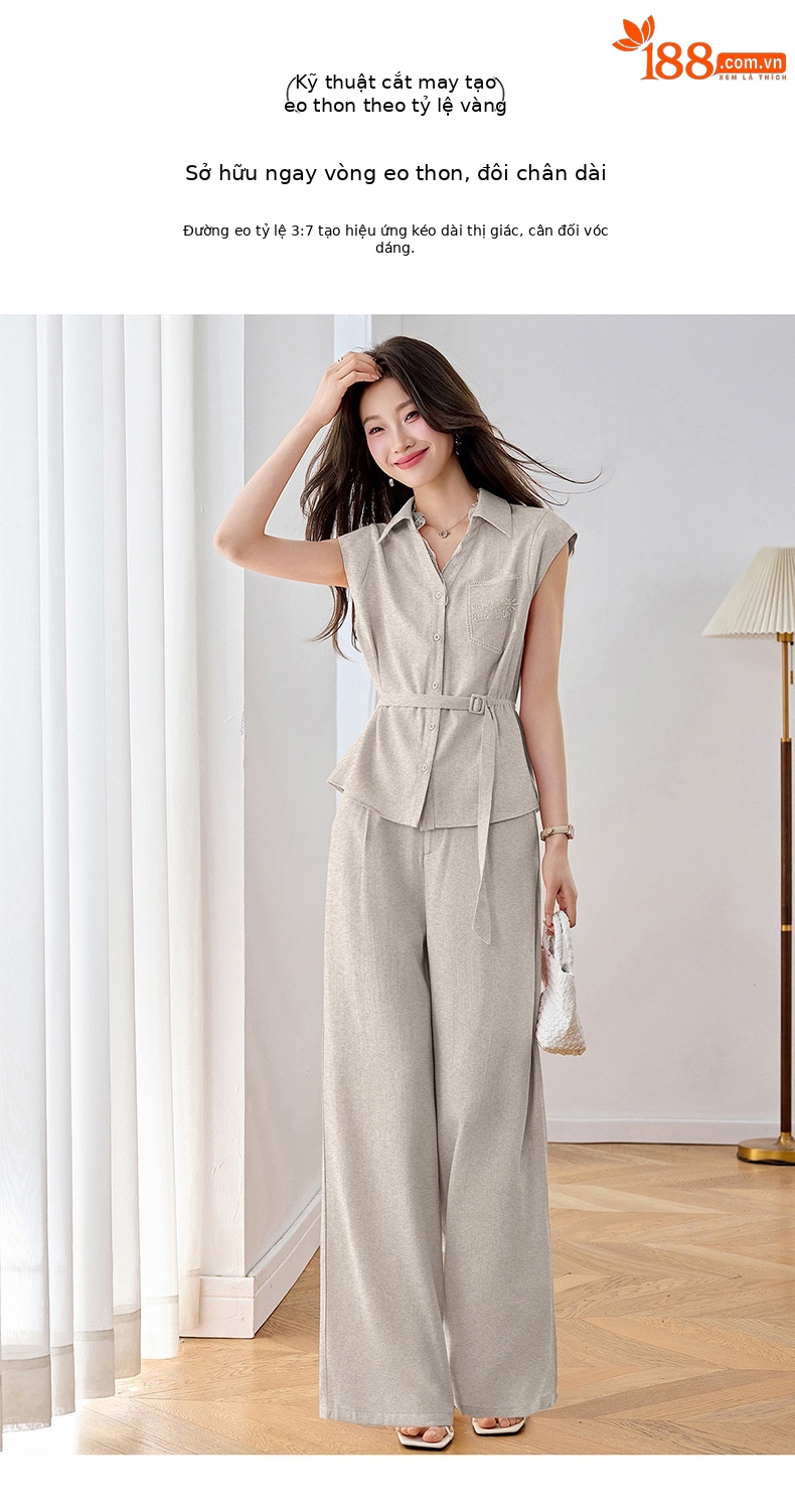 Bộ quần áo nữ mùa hè cao cấp gồm áo sơ mi dây rút và quần ống rộng — Xám gạo, Màu hồng chi tiết 7