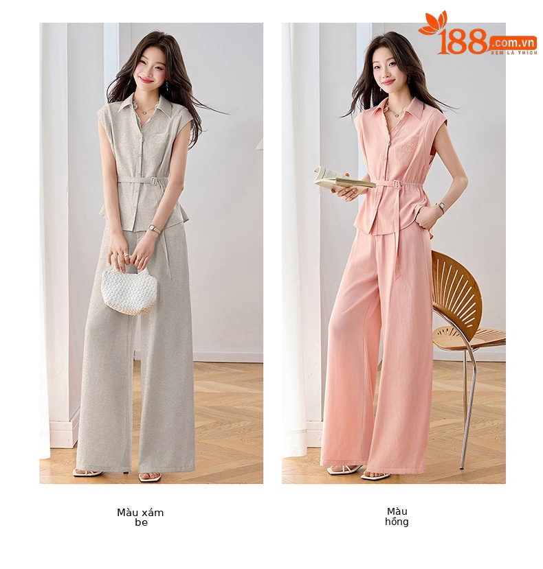 Bộ quần áo nữ mùa hè cao cấp gồm áo sơ mi dây rút và quần ống rộng — Xám gạo, Màu hồng chi tiết 10