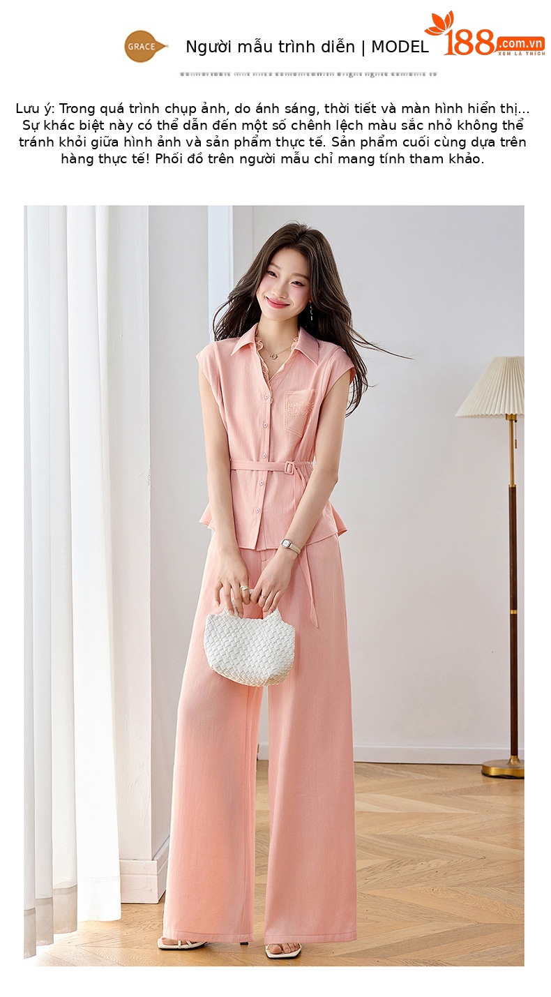Bộ quần áo nữ mùa hè cao cấp gồm áo sơ mi dây rút và quần ống rộng — Xám gạo, Màu hồng chi tiết 11
