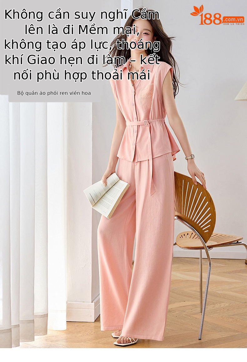 Bộ quần áo nữ mùa hè cao cấp gồm áo sơ mi dây rút và quần ống rộng — Xám gạo, Màu hồng chi tiết 1