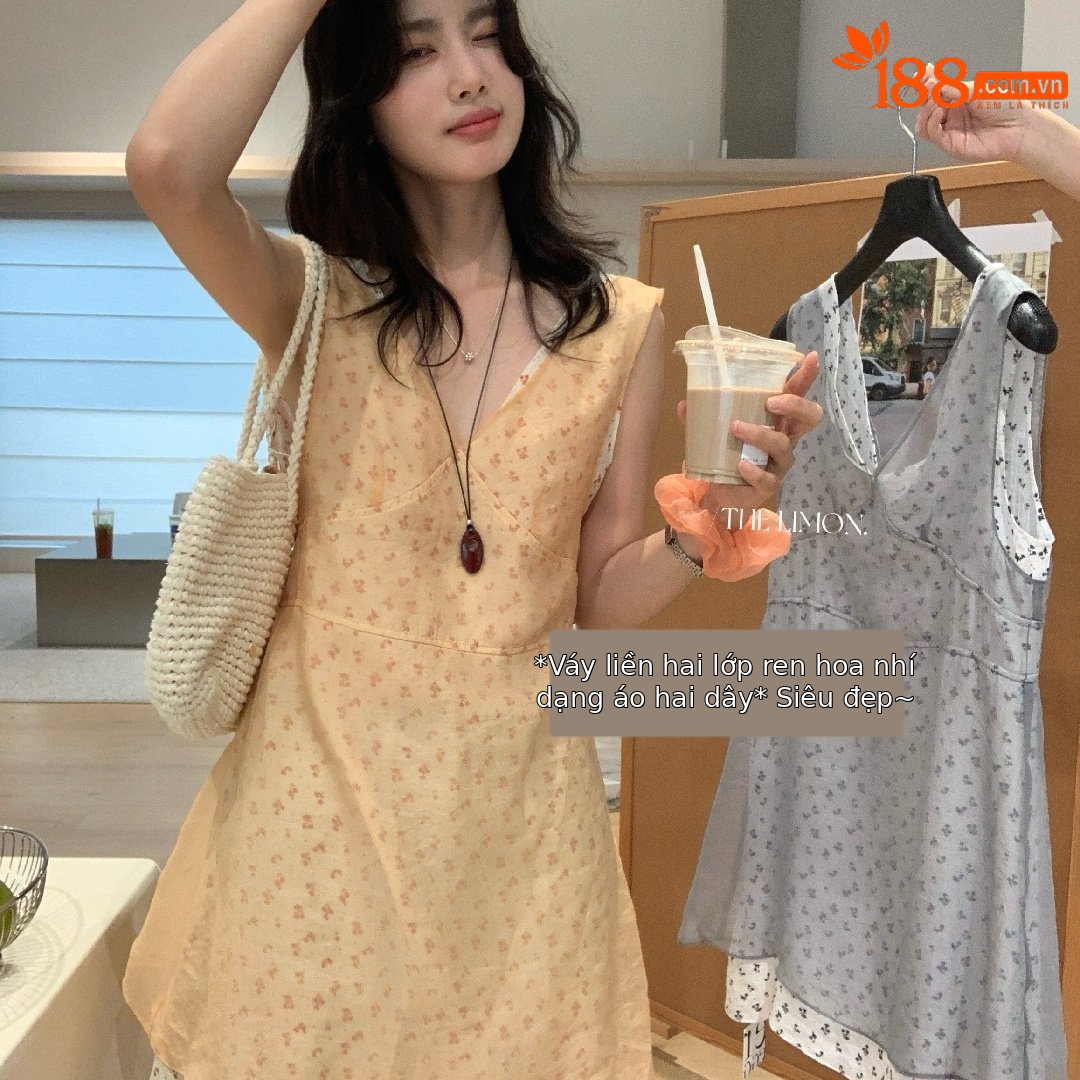 Đầm suông nữ cổ V họa tiết hoa tay loe phối ren — màu cam, màu xám