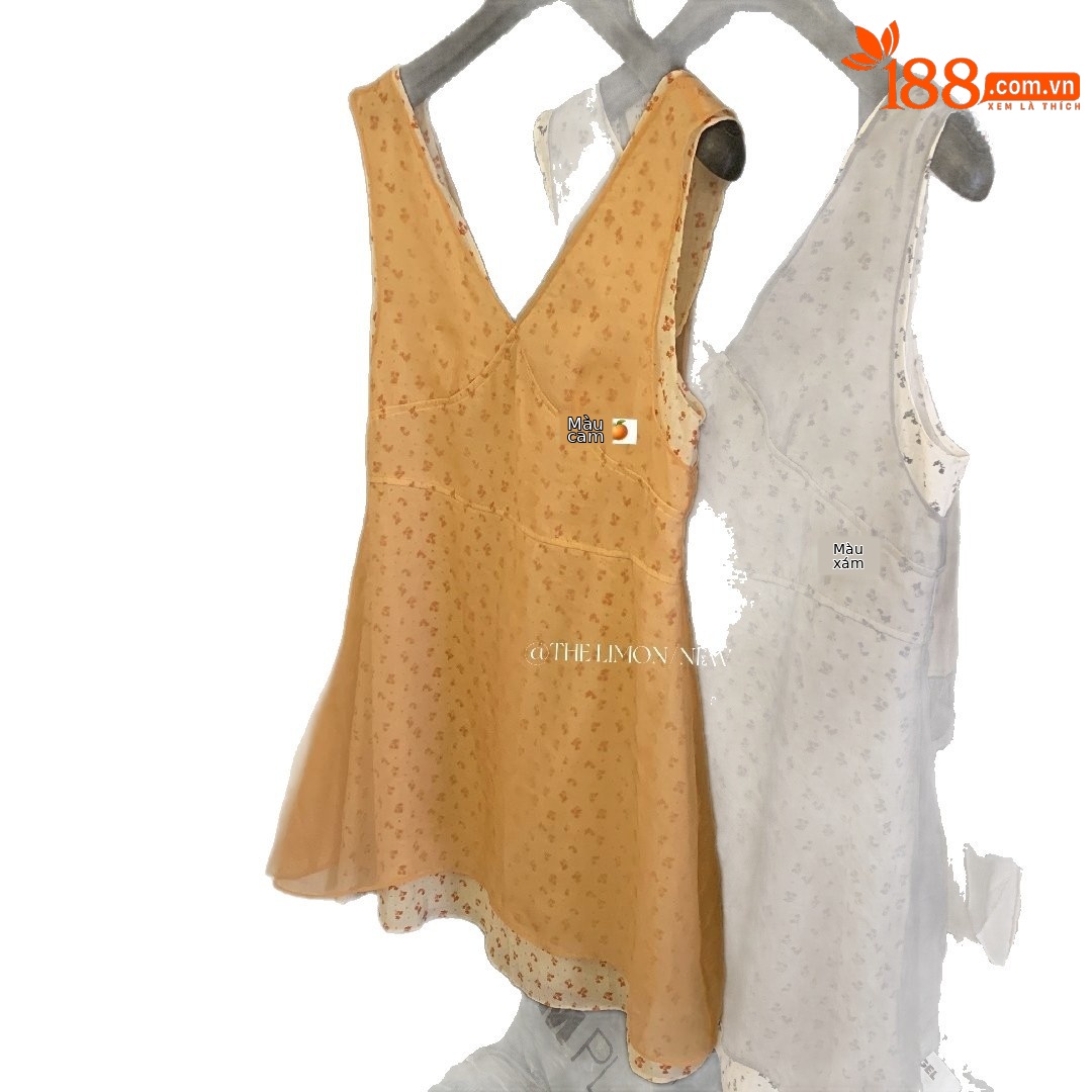 Đầm suông nữ cổ V họa tiết hoa tay loe phối ren — màu cam, màu xám