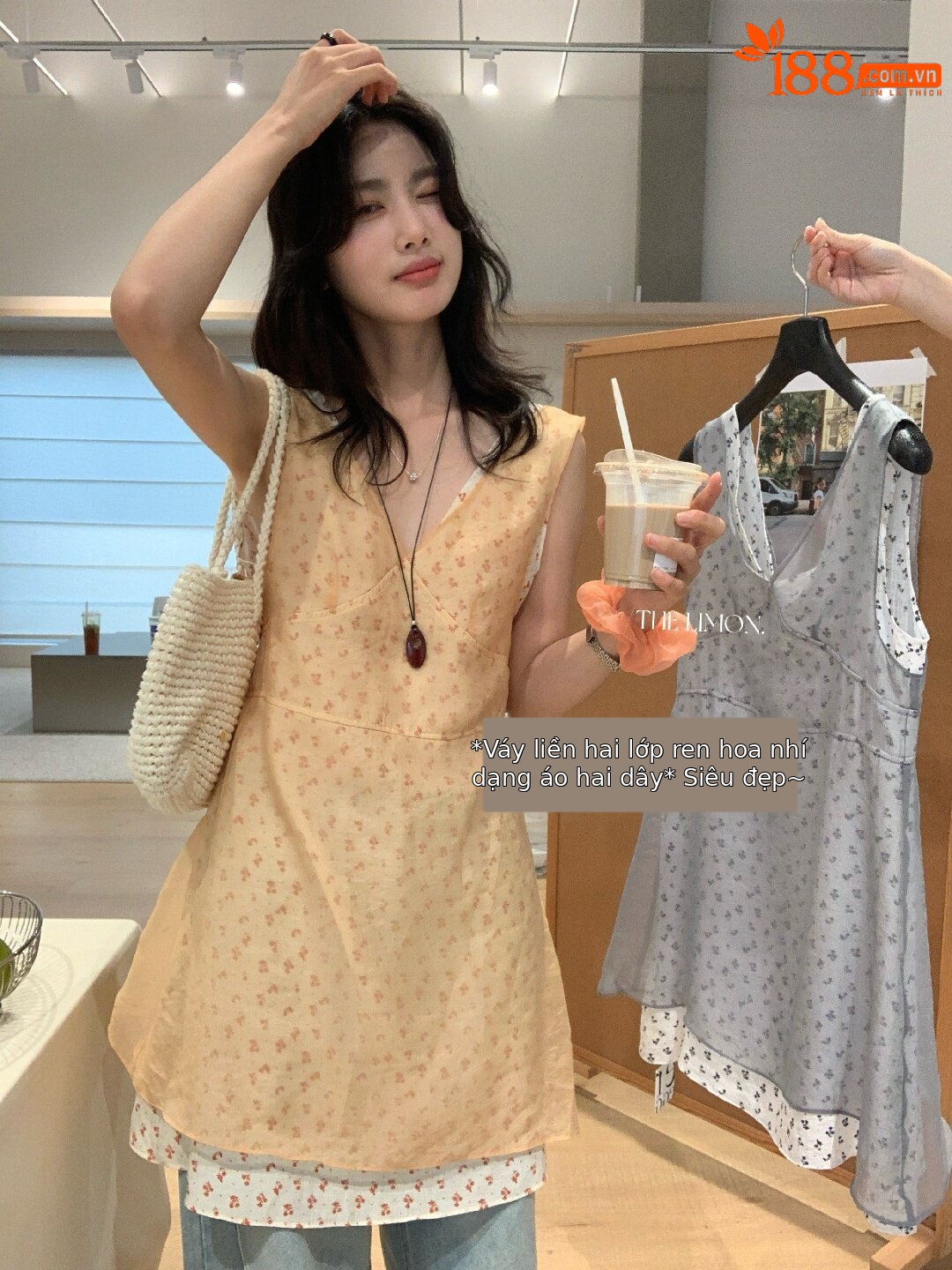 Đầm suông nữ cổ V họa tiết hoa tay loe phối ren — màu cam, màu xám chi tiết 6