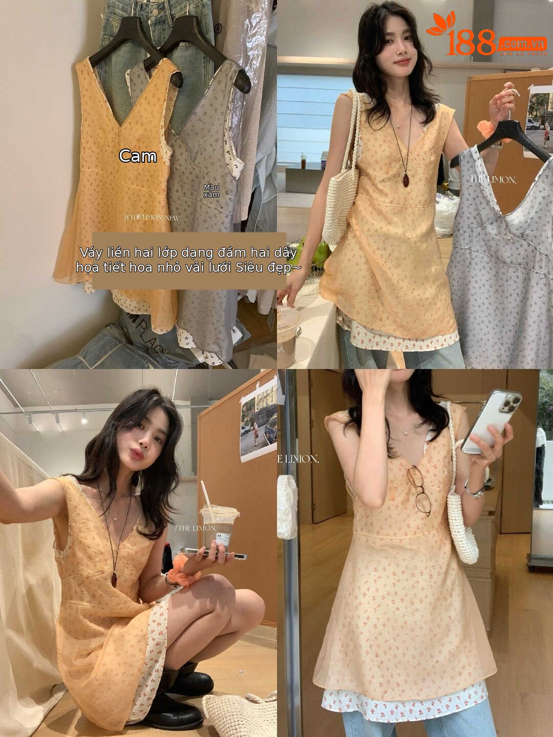 Đầm suông nữ cổ V họa tiết hoa tay loe phối ren — màu cam, màu xám chi tiết 43