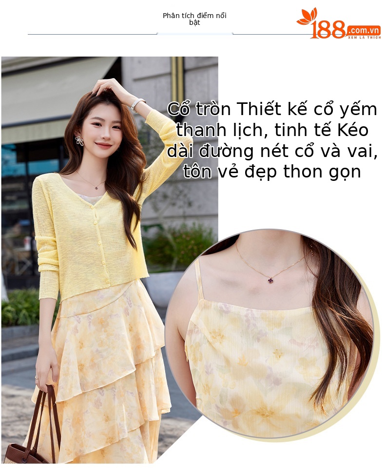 Bộ váy liền áo khoác len dệt kim ôm sát phối dây mảnh thanh lịch — xanh lam, màu tím, Màu hồng, màu vàng chi tiết 5