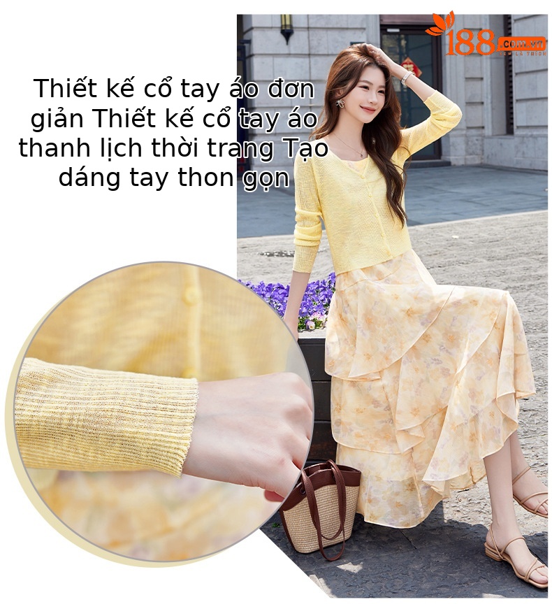 Bộ váy liền áo khoác len dệt kim ôm sát phối dây mảnh thanh lịch — xanh lam, màu tím, Màu hồng, màu vàng chi tiết 6