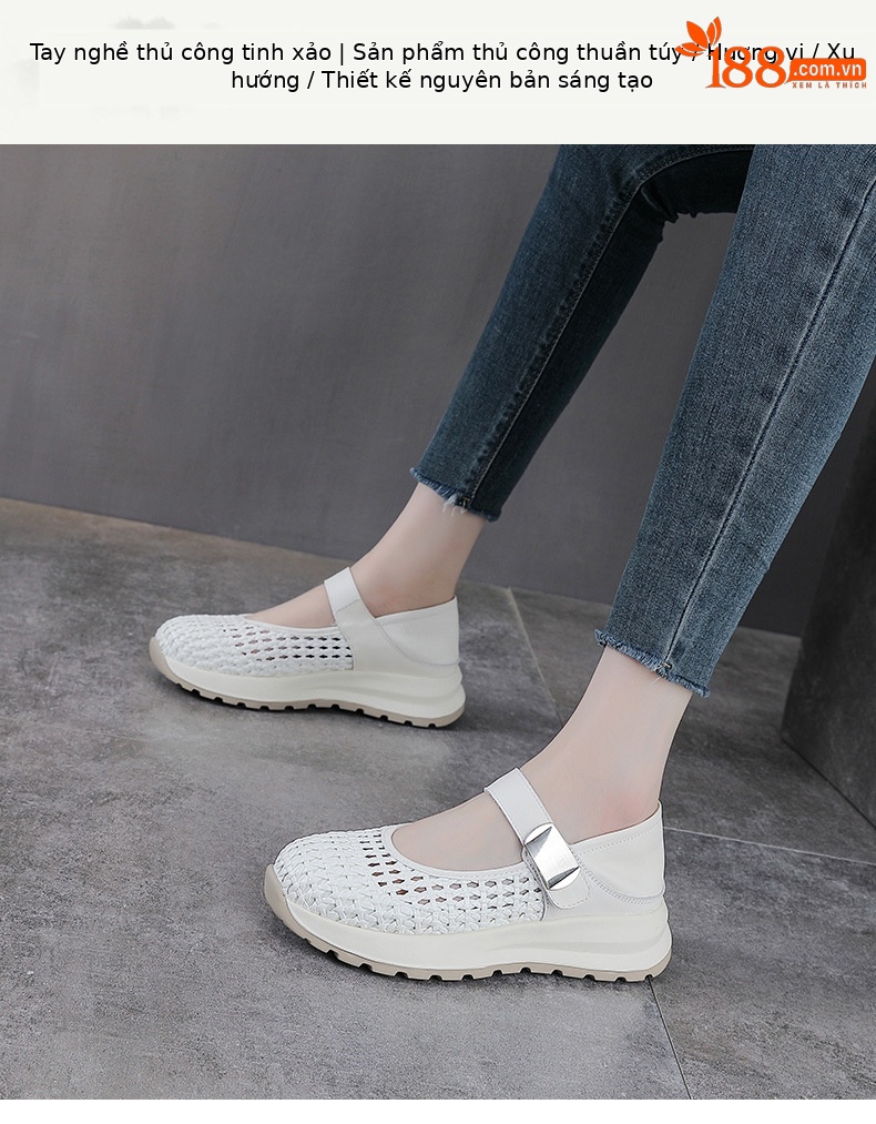 Sandal Mary Jane nữ da bò thật đế dày tăng chiều cao — màu be chi tiết 1