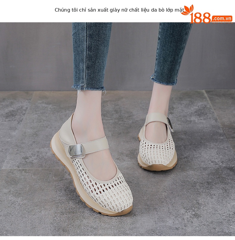 Sandal Mary Jane nữ da bò thật đế dày tăng chiều cao — màu be chi tiết 2