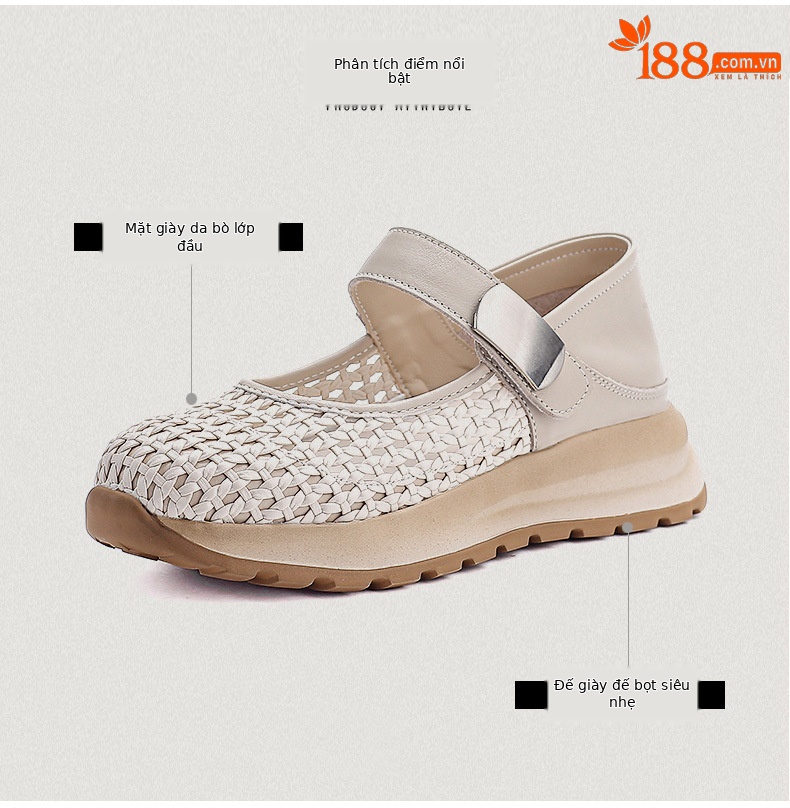 Sandal Mary Jane nữ da bò thật đế dày tăng chiều cao — màu be chi tiết 3
