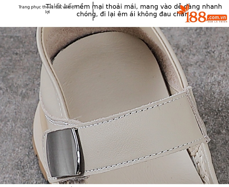 Sandal Mary Jane nữ da bò thật đế dày tăng chiều cao — màu be chi tiết 6