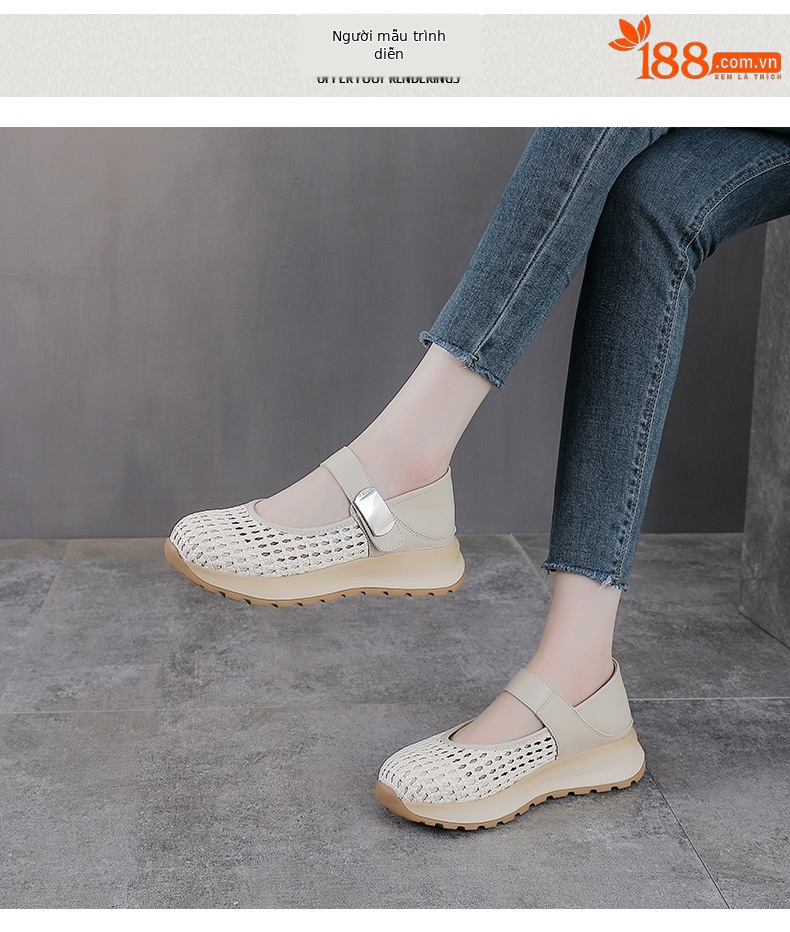 Sandal Mary Jane nữ da bò thật đế dày tăng chiều cao — màu be chi tiết 9