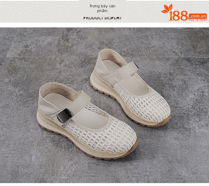 Sandal Mary Jane nữ da bò thật đế dày tăng chiều cao — màu be chi tiết 10