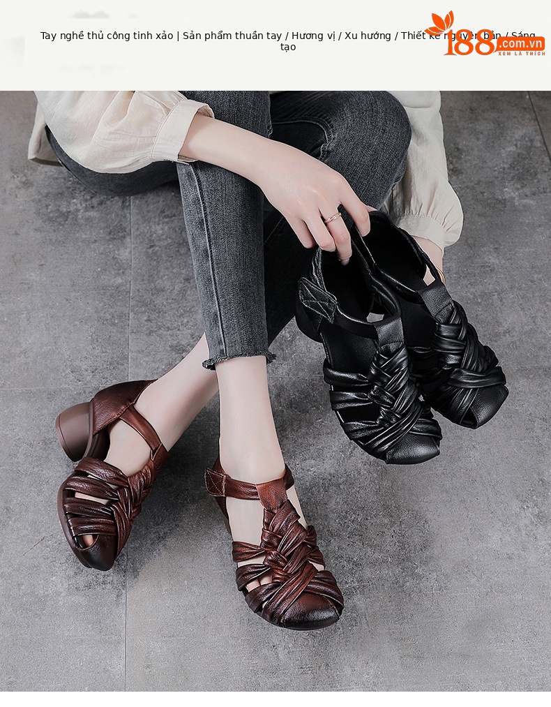 Sandal nữ quai ngang gót vuông ổn định, mũi tròn da bò thật, đế cao 5 cm — màu nâu chi tiết 1
