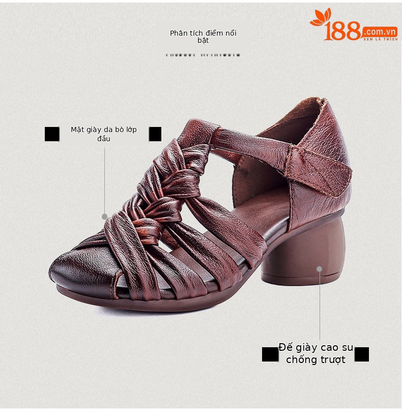 Sandal nữ quai ngang gót vuông ổn định, mũi tròn da bò thật, đế cao 5 cm — màu nâu chi tiết 3