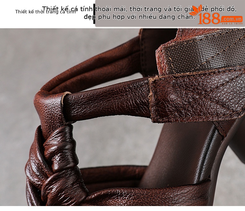 Sandal nữ quai ngang gót vuông ổn định, mũi tròn da bò thật, đế cao 5 cm — màu nâu chi tiết 5