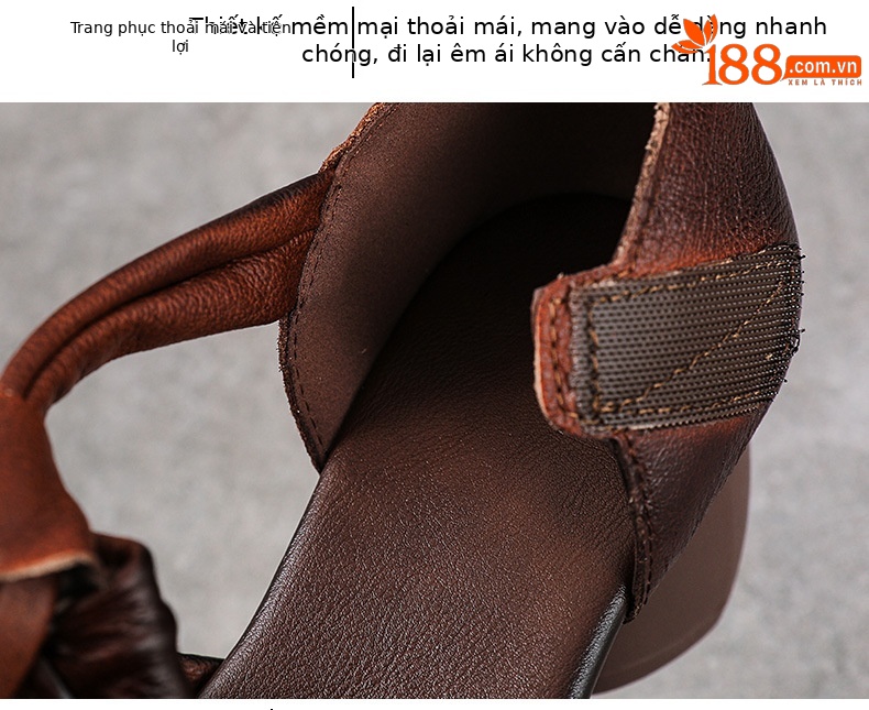 Sandal nữ quai ngang gót vuông ổn định, mũi tròn da bò thật, đế cao 5 cm — màu nâu chi tiết 6