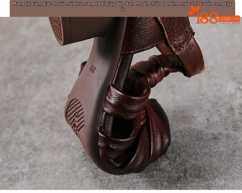 Sandal nữ quai ngang gót vuông ổn định, mũi tròn da bò thật, đế cao 5 cm — màu nâu chi tiết 8