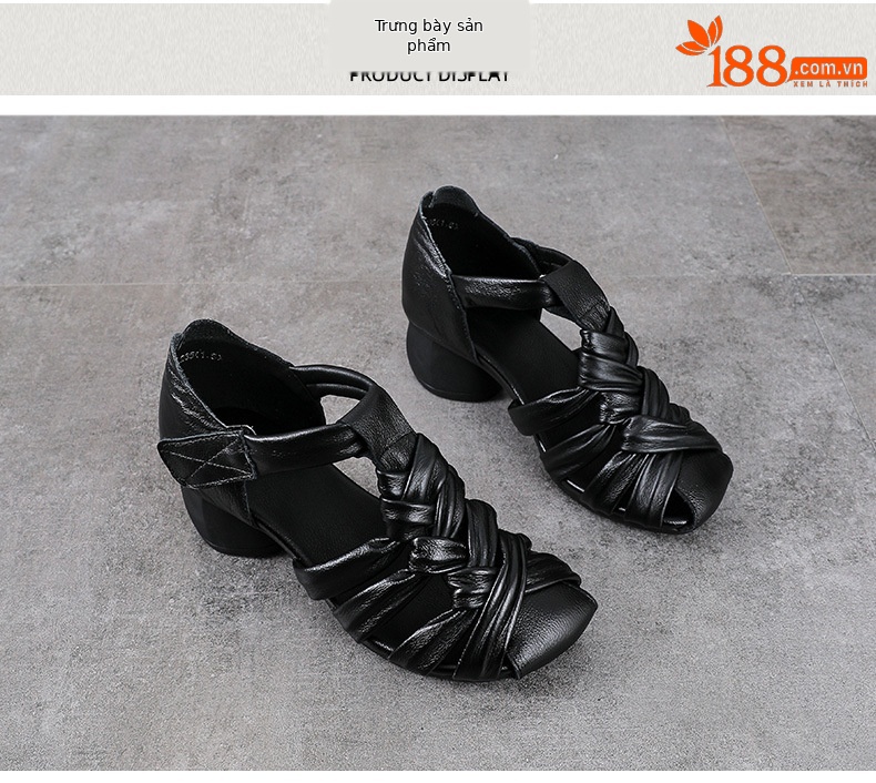 Sandal nữ quai ngang gót vuông ổn định, mũi tròn da bò thật, đế cao 5 cm — màu nâu chi tiết 10