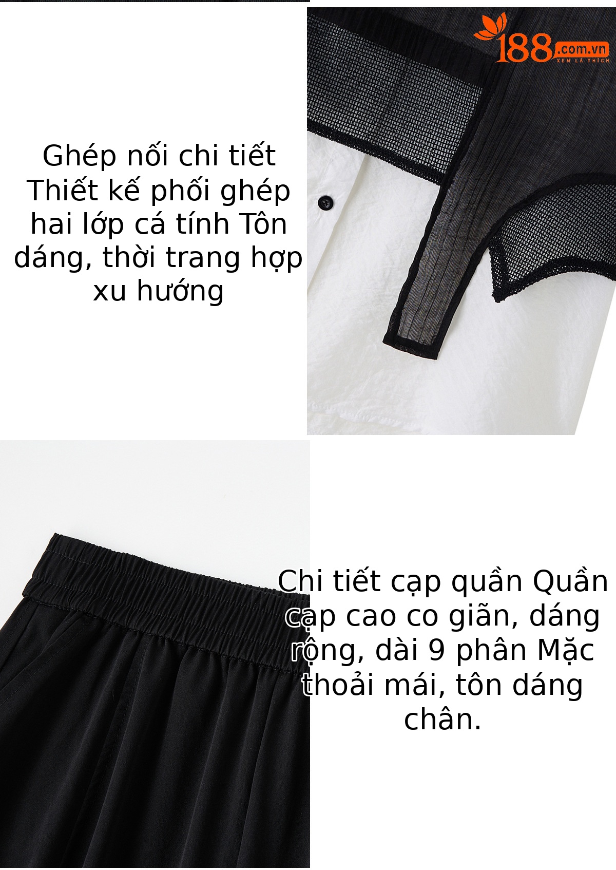 Bộ quần áo nữ mùa hè 2026 gồm áo thun rộng phối quần ống rộng cắt may — màu đen chi tiết 9