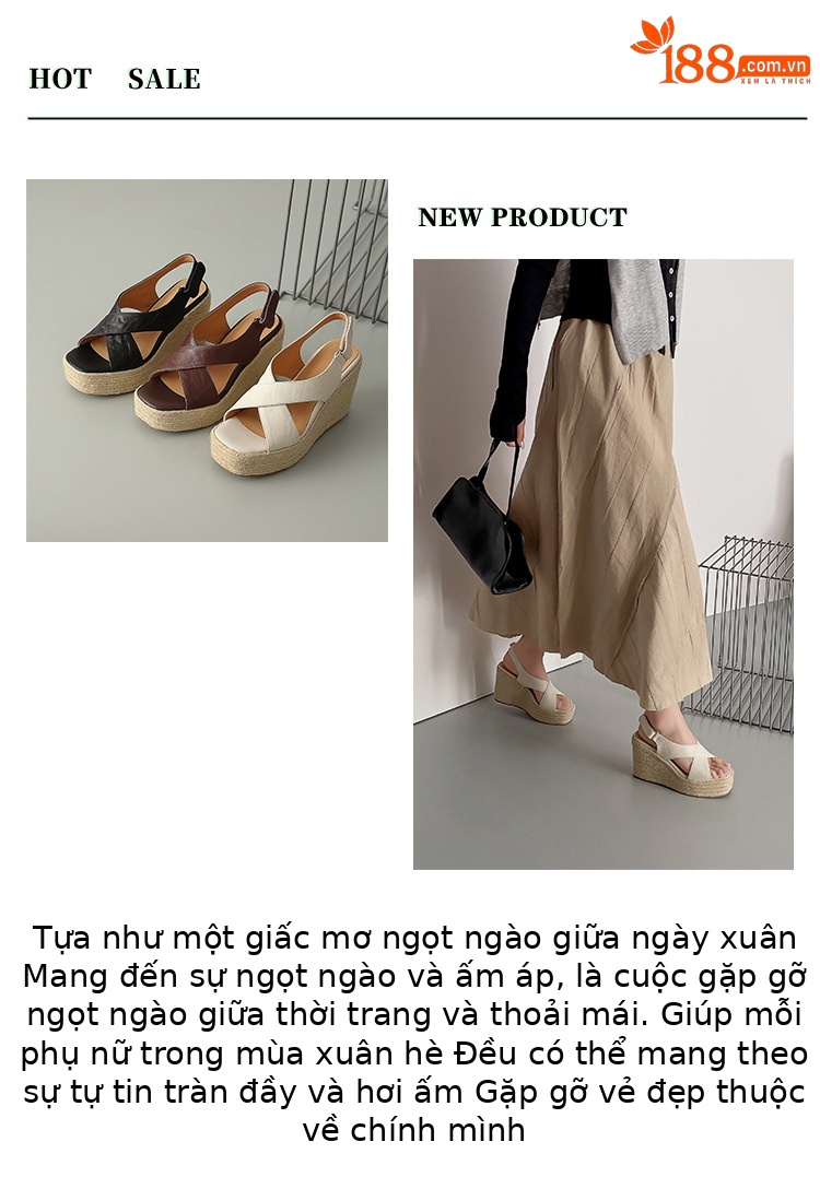 Sandal cao gót nữ hở mũi phong cách Pháp quai chéo da bò, đế xuồng cao gót 9 cm, đế platform 3 cm — màu nâu, màu đen, màu trắng ngà chi tiết 1