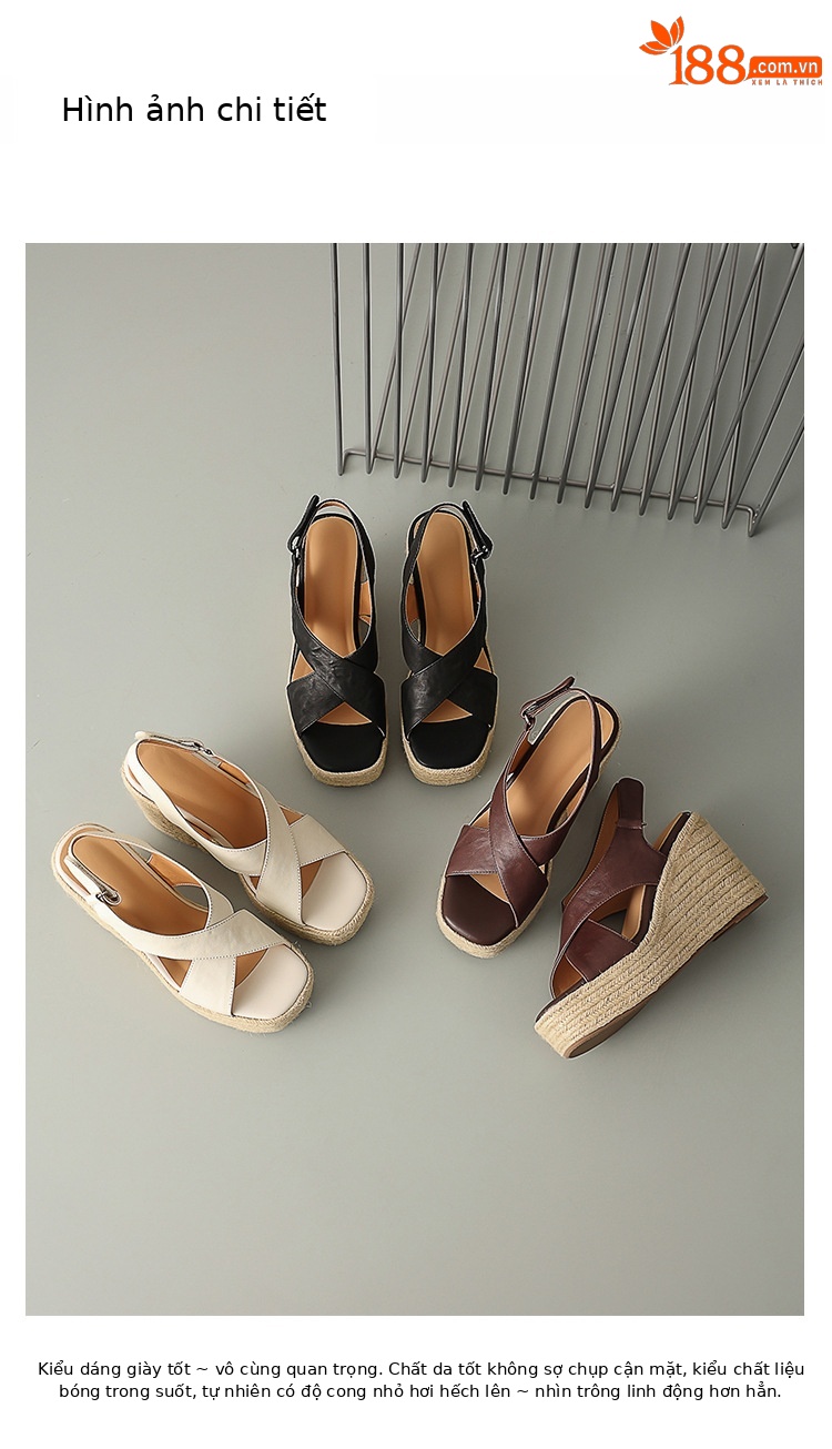 Sandal cao gót nữ hở mũi phong cách Pháp quai chéo da bò, đế xuồng cao gót 9 cm, đế platform 3 cm — màu nâu, màu đen, màu trắng ngà chi tiết 3