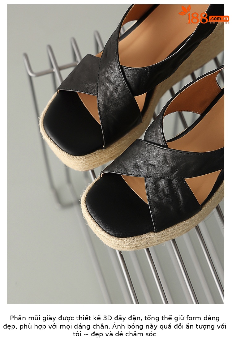 Sandal cao gót nữ hở mũi phong cách Pháp quai chéo da bò, đế xuồng cao gót 9 cm, đế platform 3 cm — màu nâu, màu đen, màu trắng ngà chi tiết 4