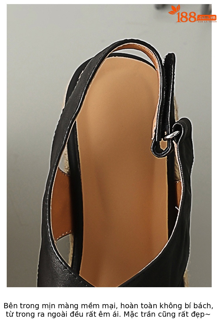 Sandal cao gót nữ hở mũi phong cách Pháp quai chéo da bò, đế xuồng cao gót 9 cm, đế platform 3 cm — màu nâu, màu đen, màu trắng ngà chi tiết 5