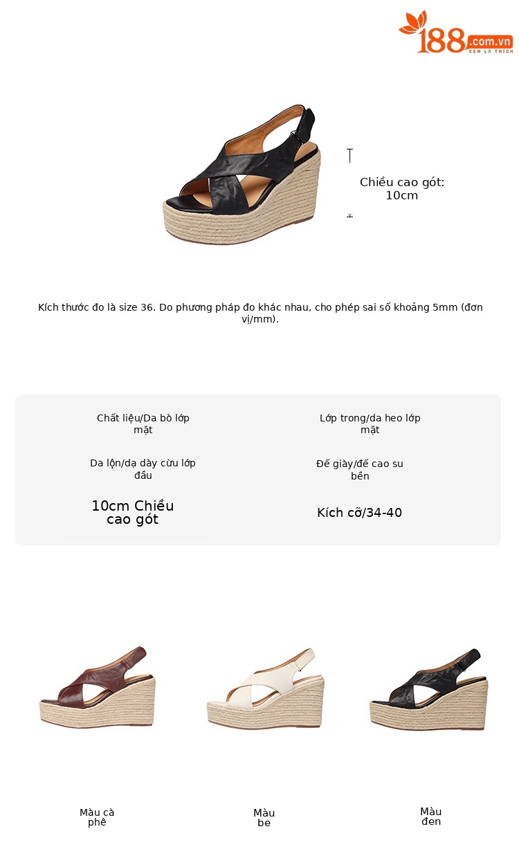 Sandal cao gót nữ hở mũi phong cách Pháp quai chéo da bò, đế xuồng cao gót 9 cm, đế platform 3 cm — màu nâu, màu đen, màu trắng ngà chi tiết 2