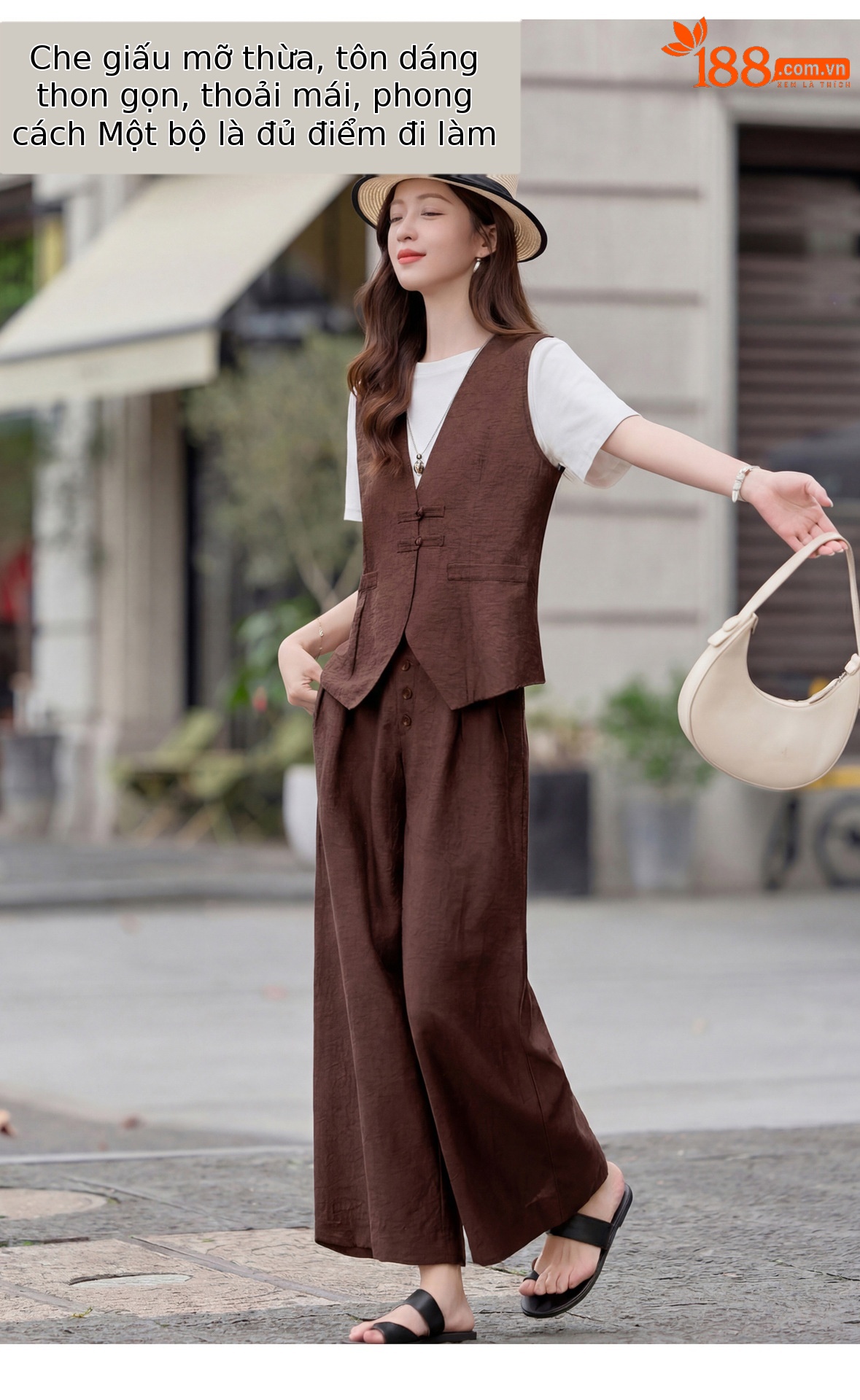 Bộ quần áo nữ hai mảnh gồm áo vest cổ V và quần ống rộng phối đồng bộ — Đỏ nâu, Xanh lông mòng đen chi tiết 3