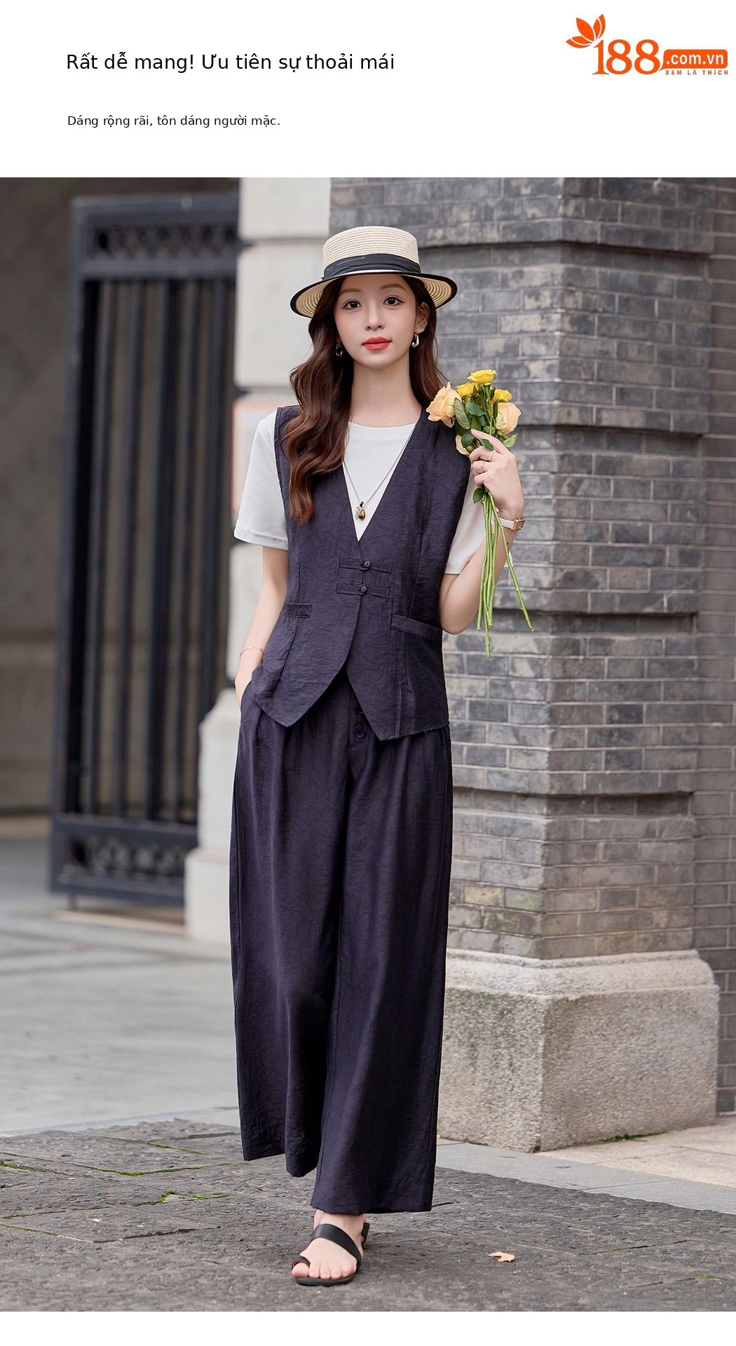 Bộ quần áo nữ hai mảnh gồm áo vest cổ V và quần ống rộng phối đồng bộ — Đỏ nâu, Xanh lông mòng đen chi tiết 4