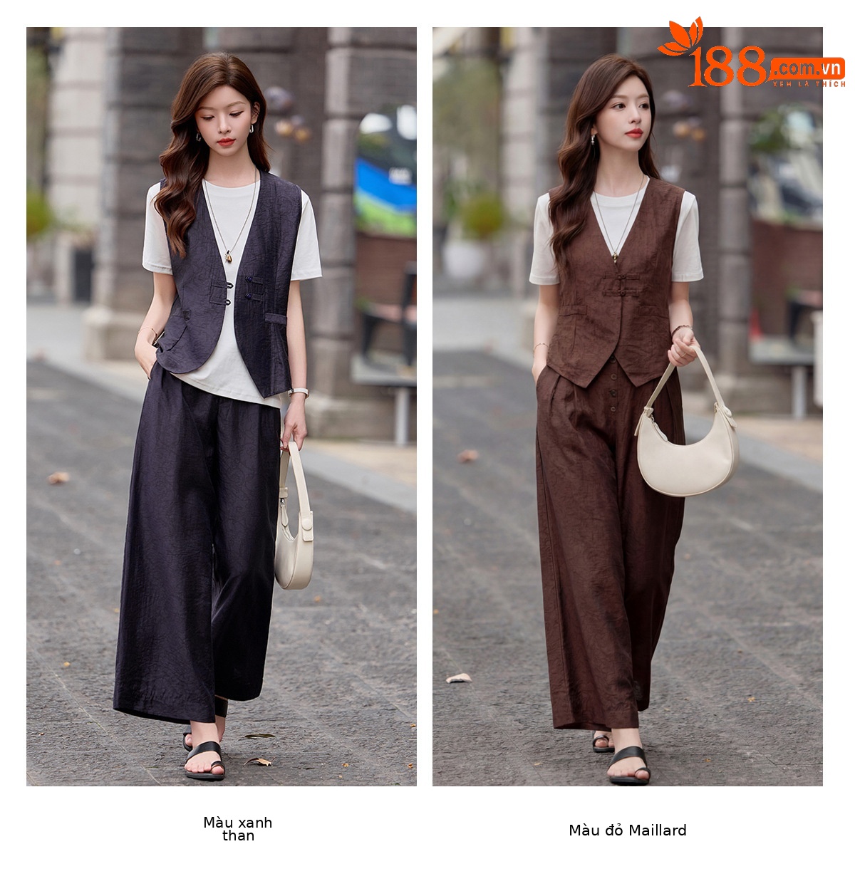 Bộ quần áo nữ hai mảnh gồm áo vest cổ V và quần ống rộng phối đồng bộ — Đỏ nâu, Xanh lông mòng đen chi tiết 11