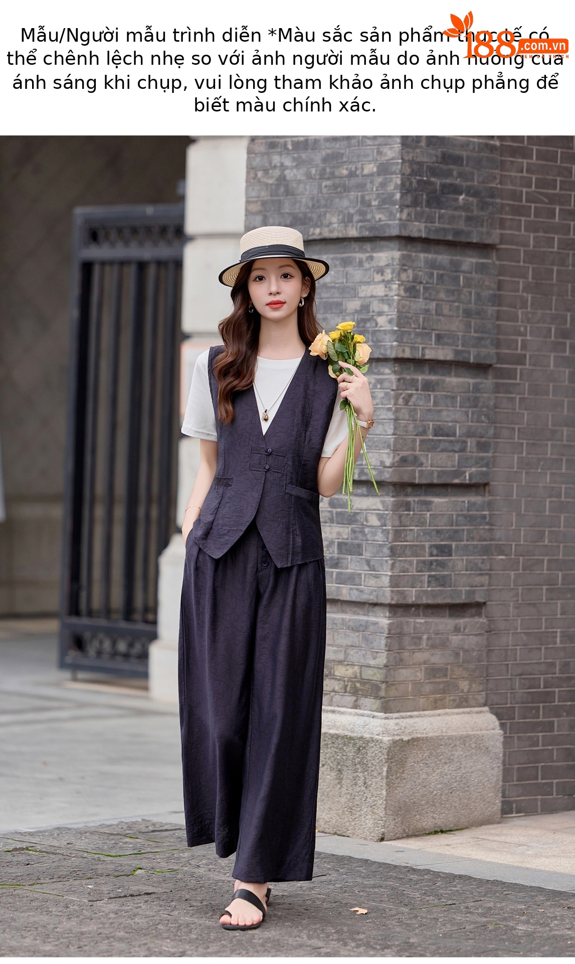 Bộ quần áo nữ hai mảnh gồm áo vest cổ V và quần ống rộng phối đồng bộ — Đỏ nâu, Xanh lông mòng đen chi tiết 12