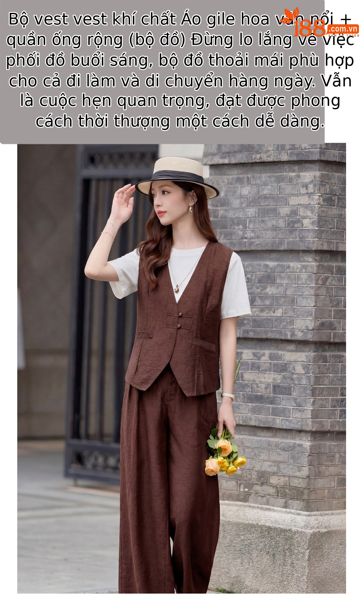 Bộ quần áo nữ hai mảnh gồm áo vest cổ V và quần ống rộng phối đồng bộ — Đỏ nâu, Xanh lông mòng đen chi tiết 2