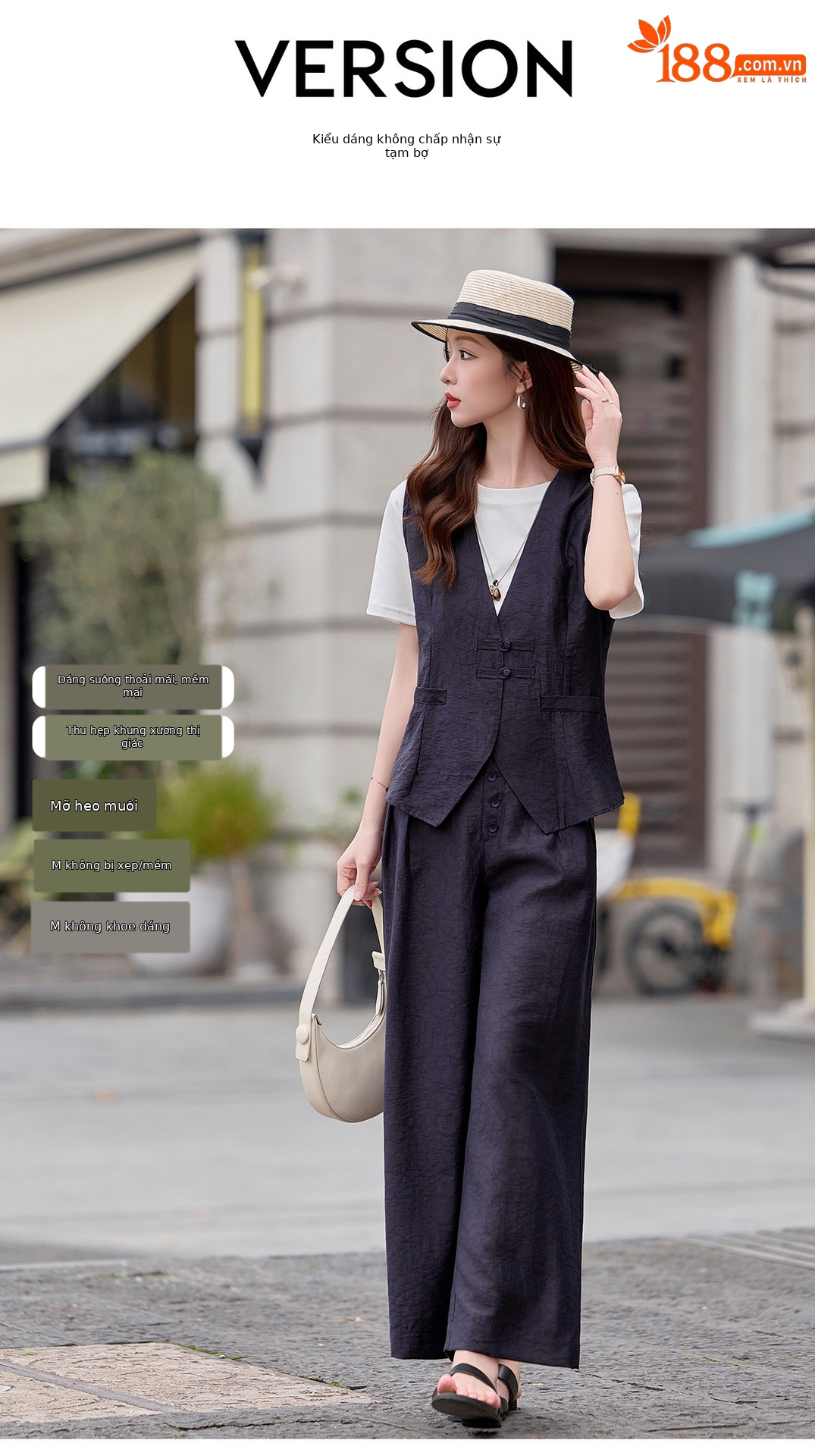 Bộ quần áo nữ hai mảnh gồm áo vest cổ V và quần ống rộng phối đồng bộ — Đỏ nâu, Xanh lông mòng đen chi tiết 7