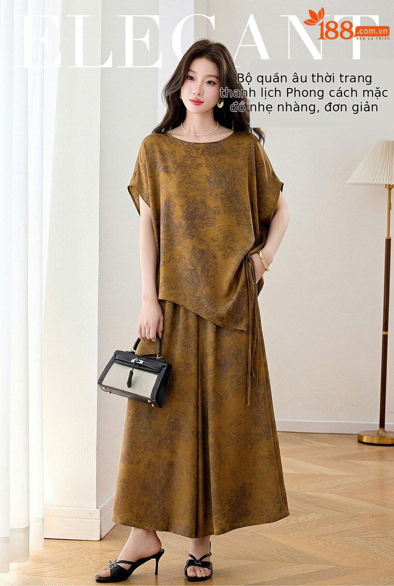 Bộ áo crop top phối quần ống rộng in họa tiết hoa không đối xứng mùa hè 2026 — màu tím, màu vàng chi tiết 1