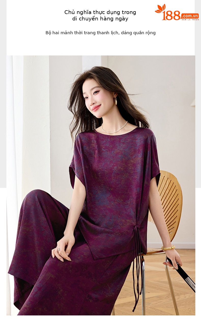 Bộ áo crop top phối quần ống rộng in họa tiết hoa không đối xứng mùa hè 2026 — màu tím, màu vàng chi tiết 3
