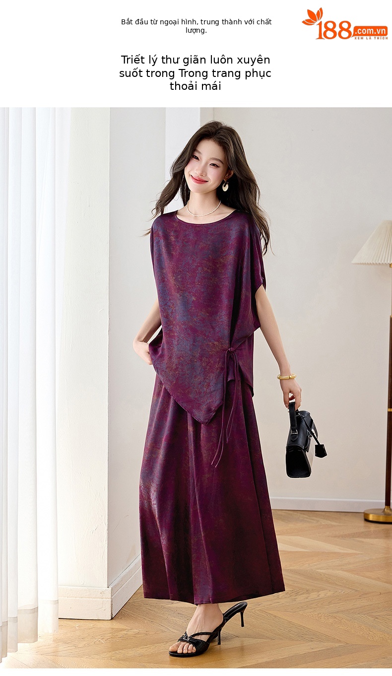 Bộ áo crop top phối quần ống rộng in họa tiết hoa không đối xứng mùa hè 2026 — màu tím, màu vàng chi tiết 6