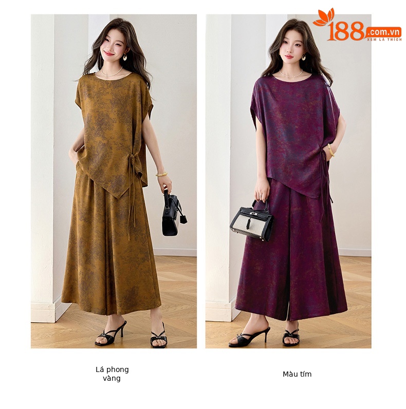 Bộ áo crop top phối quần ống rộng in họa tiết hoa không đối xứng mùa hè 2026 — màu tím, màu vàng chi tiết 12