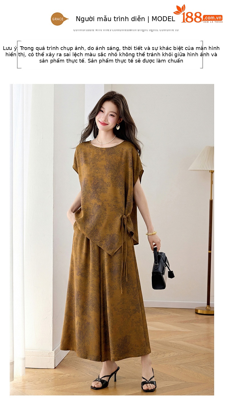 Bộ áo crop top phối quần ống rộng in họa tiết hoa không đối xứng mùa hè 2026 — màu tím, màu vàng chi tiết 13
