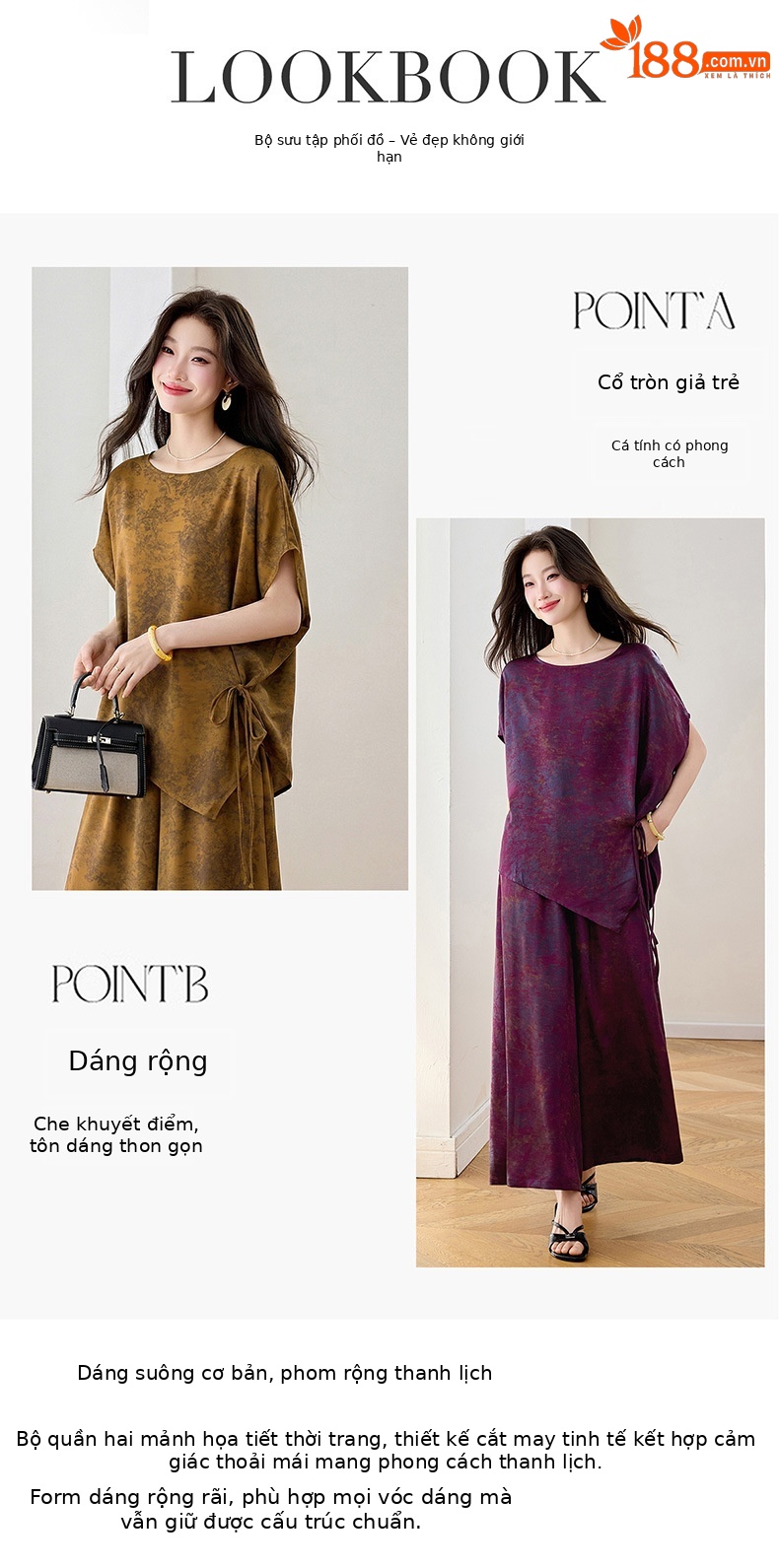 Bộ áo crop top phối quần ống rộng in họa tiết hoa không đối xứng mùa hè 2026 — màu tím, màu vàng chi tiết 4