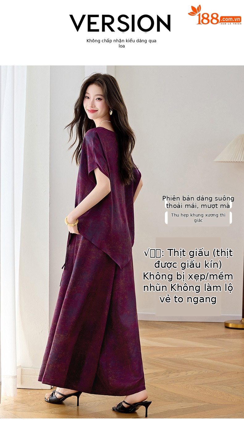 Bộ áo crop top phối quần ống rộng in họa tiết hoa không đối xứng mùa hè 2026 — màu tím, màu vàng chi tiết 9