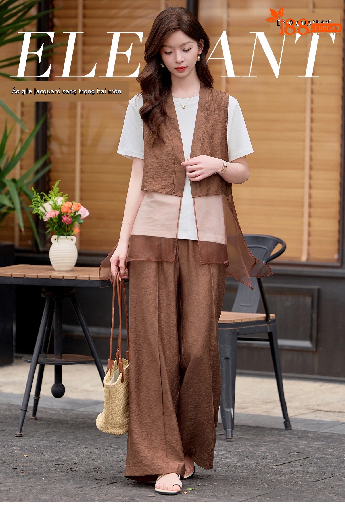 Bộ quần áo nữ V-neck vest kết hợp quần ống rộng hai mảnh mùa hè 2026 — màu đen, màu cà phê chi tiết 1