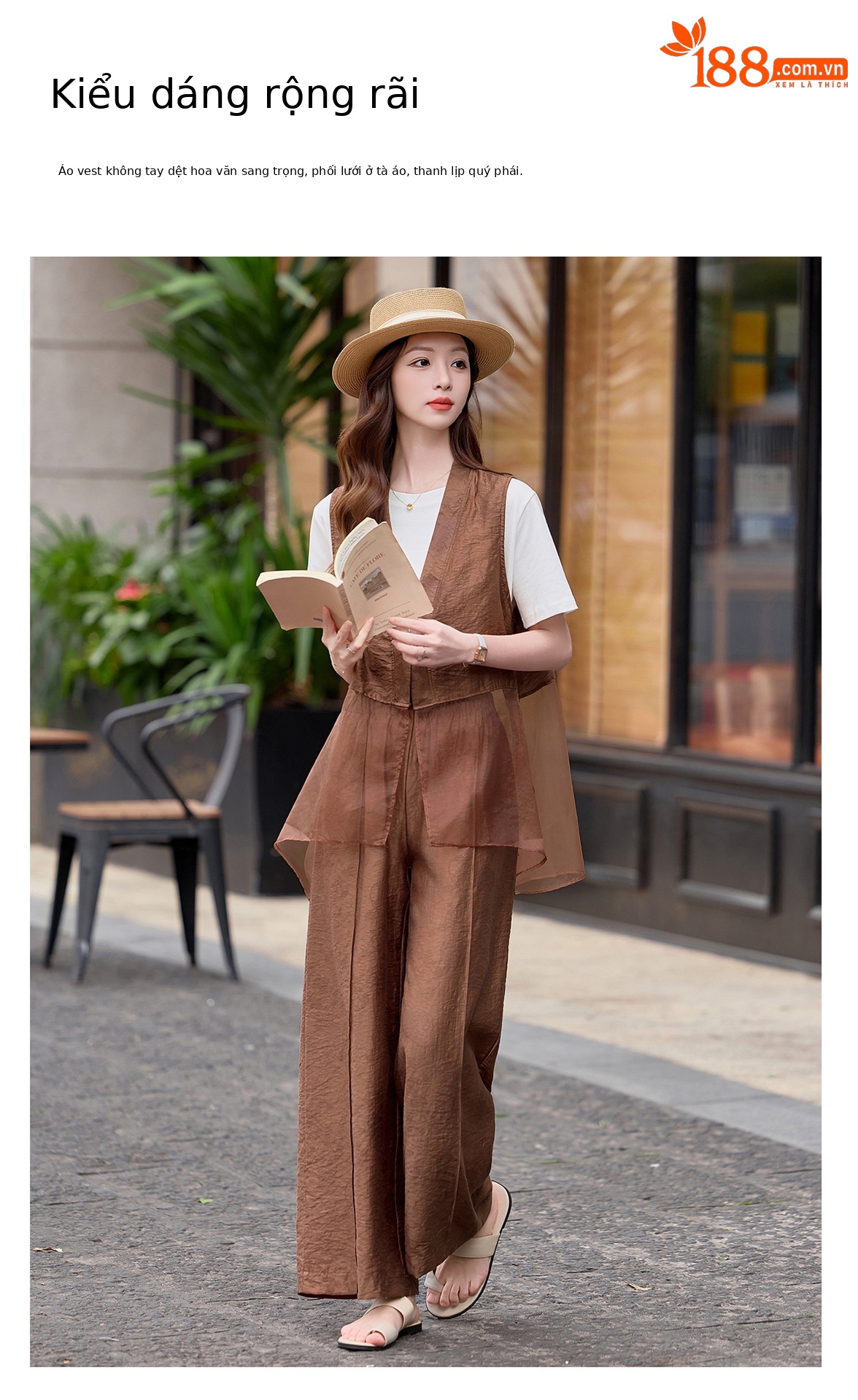 Bộ quần áo nữ V-neck vest kết hợp quần ống rộng hai mảnh mùa hè 2026 — màu đen, màu cà phê chi tiết 3