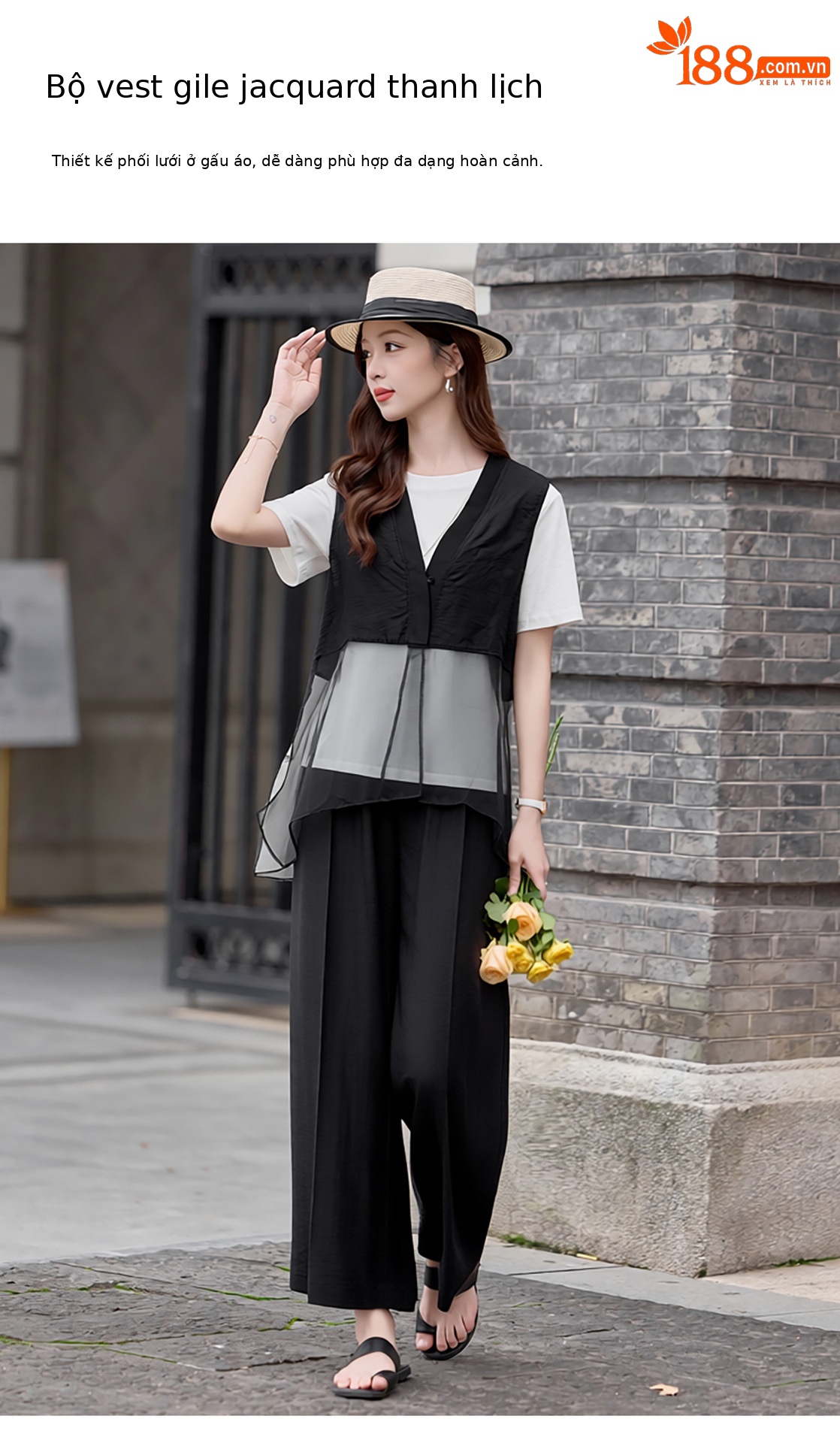 Bộ quần áo nữ V-neck vest kết hợp quần ống rộng hai mảnh mùa hè 2026 — màu đen, màu cà phê chi tiết 5