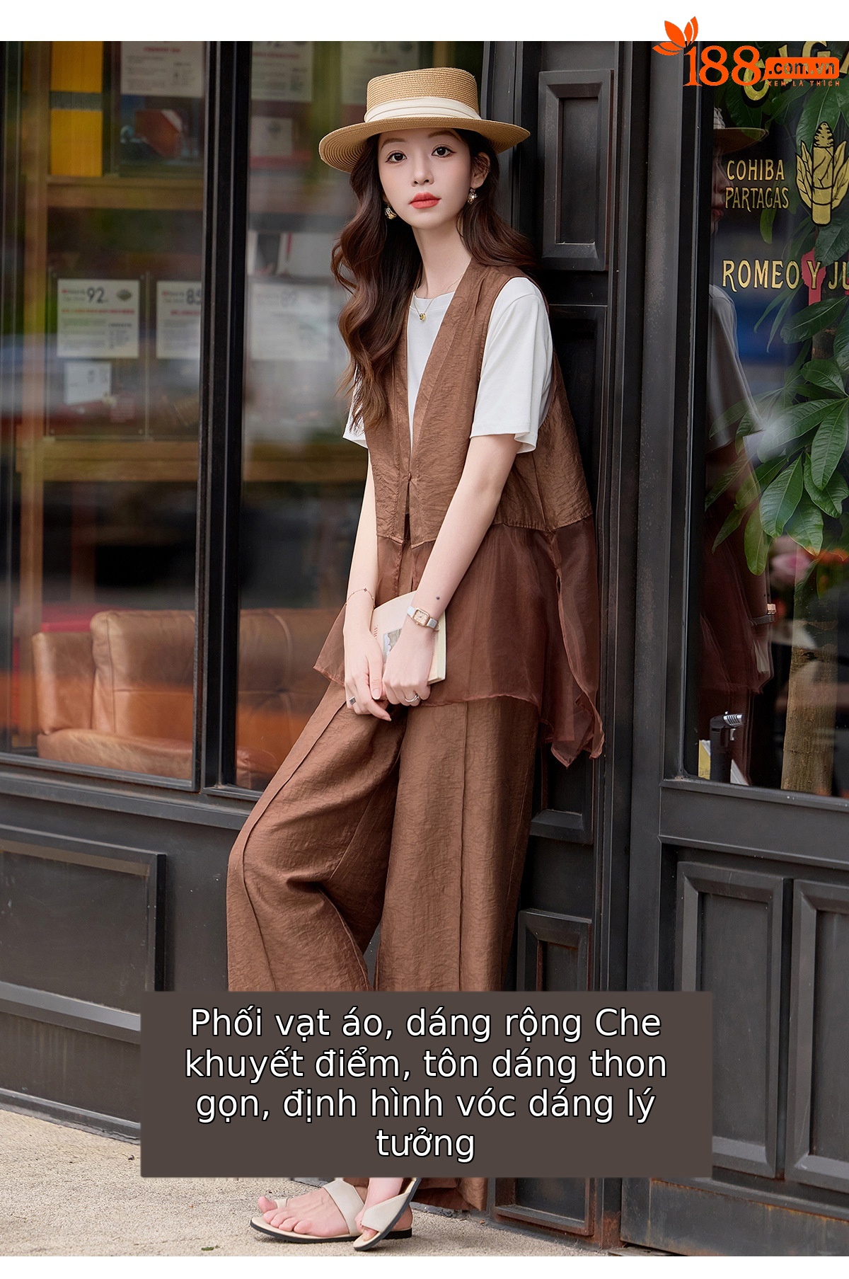 Bộ quần áo nữ V-neck vest kết hợp quần ống rộng hai mảnh mùa hè 2026 — màu đen, màu cà phê chi tiết 6