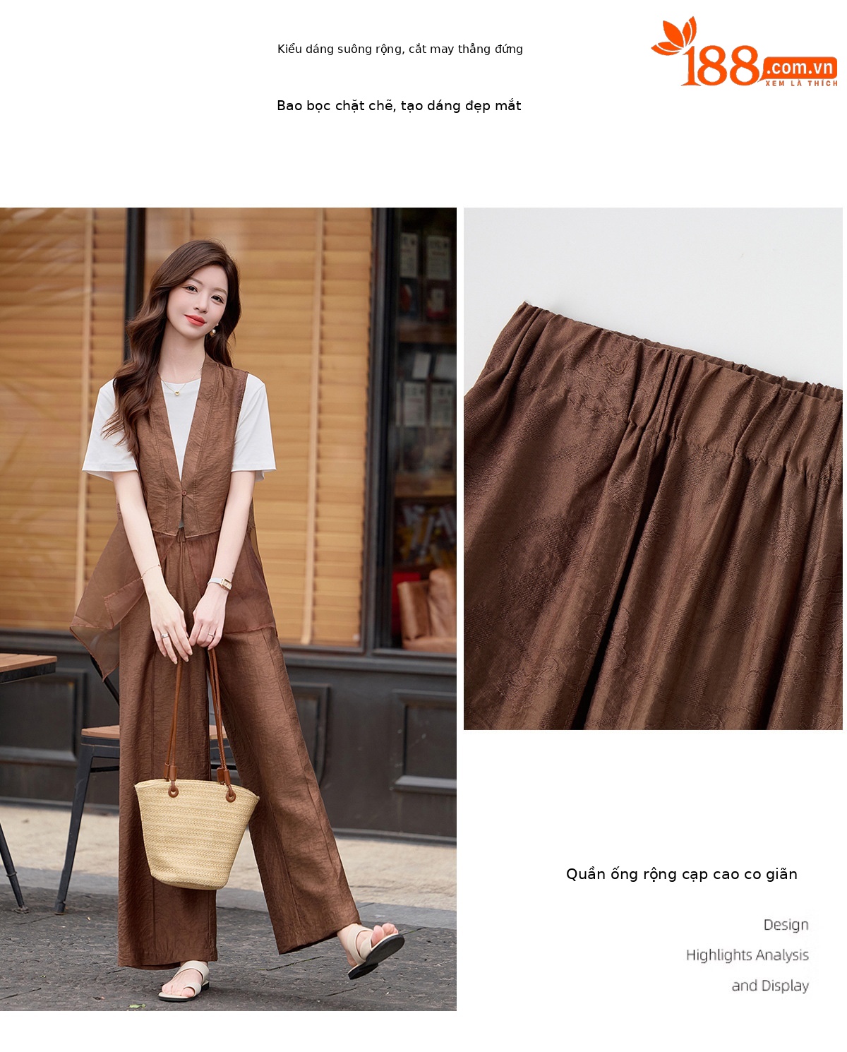 Bộ quần áo nữ V-neck vest kết hợp quần ống rộng hai mảnh mùa hè 2026 — màu đen, màu cà phê chi tiết 9